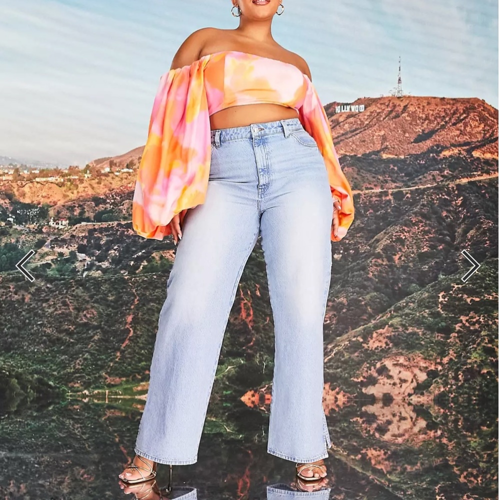 ASOS DESIGN x MILLIE Curve straight leg jeans in mid wash blue